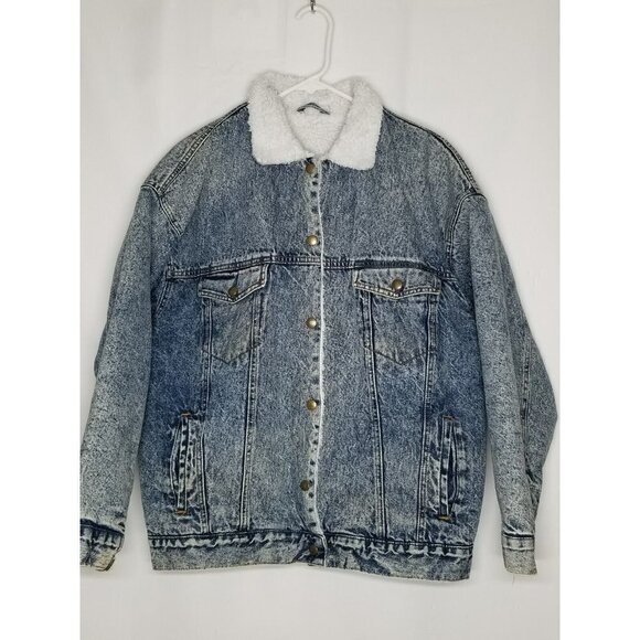 Brass Plum VINTAGE Jean Denim Chore Barn Jacket Acid Washed Sherpa Button Up M - Picture 1 of 16